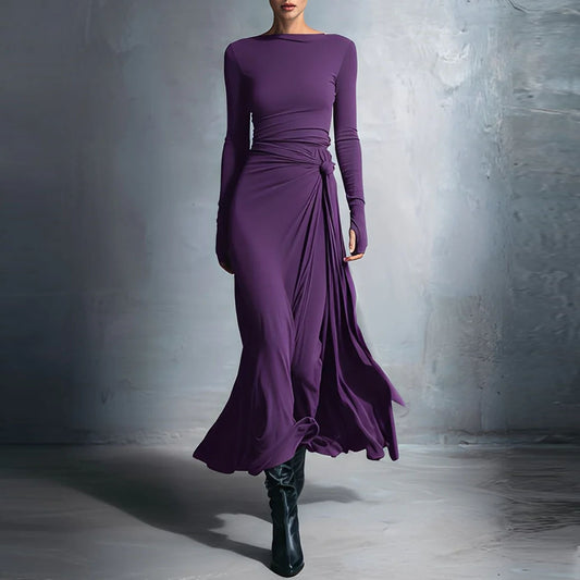 Solid Color Elegant Wrap Long Dress With Bow Detail