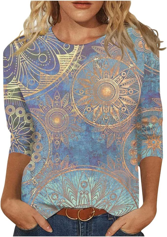 Women's Top Three-quarter Sleeve Summer Ethnic Floral Slim Fit Cute Top Round Neck Slim Fit Printed T-shirt