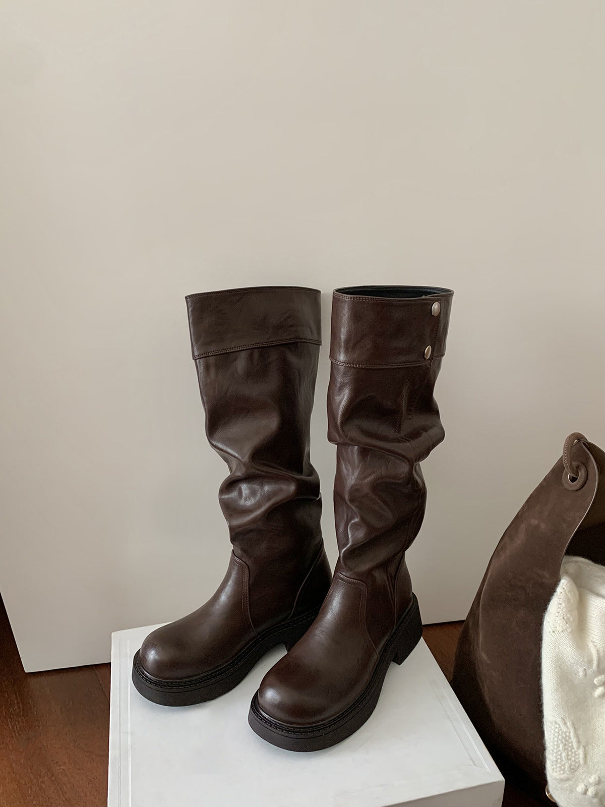 Women's 5cm Height-Enhancing Three-Dimensional Round-Toe Thick-Soled Chunky-Heel Riding Boots With Snap Buttons