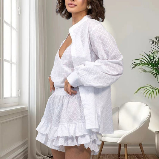Womens Loose And Comfortable Two-Layer Ruffle-Trimmed Pajama Set Of Three Pieces