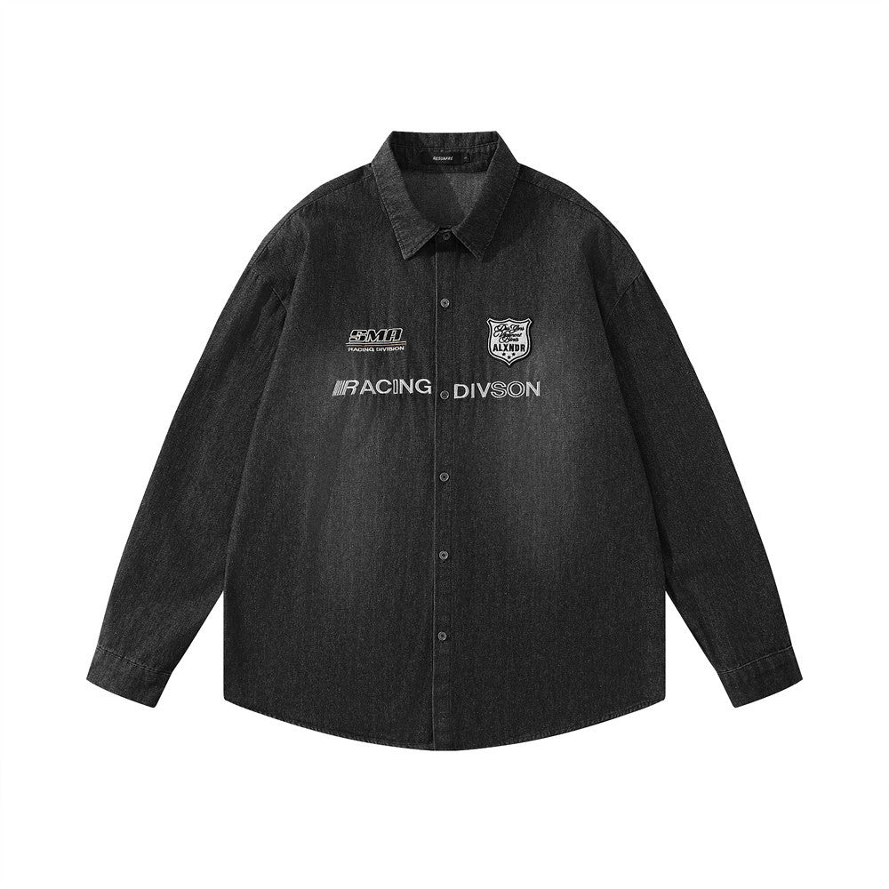 Badge Embroidered Letter Denim Long Sleeve Shirt Street Fashion