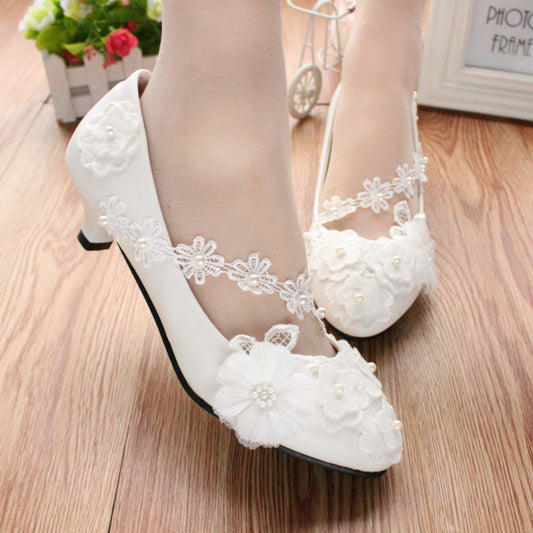 White Large Lace Low Heel Wedding Dress 3D Flower Women's Shoes