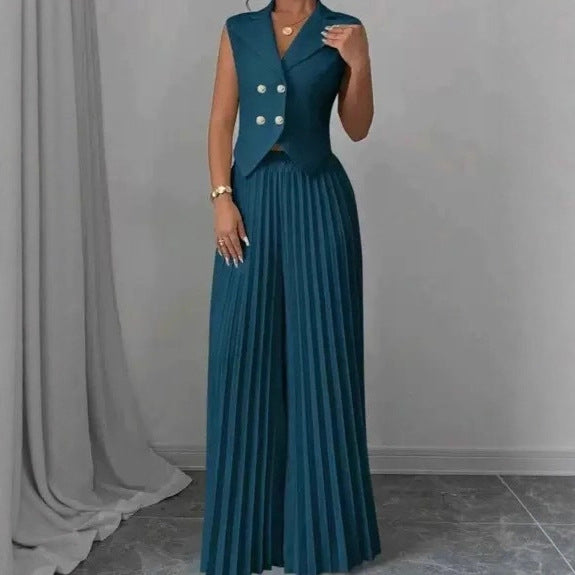 Vest And Pleated Skirt Pants Set For Women