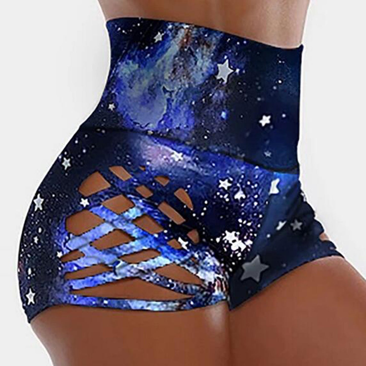 Women's High Waist Printed Pants Cross Cutout Tight Yoga Shorts