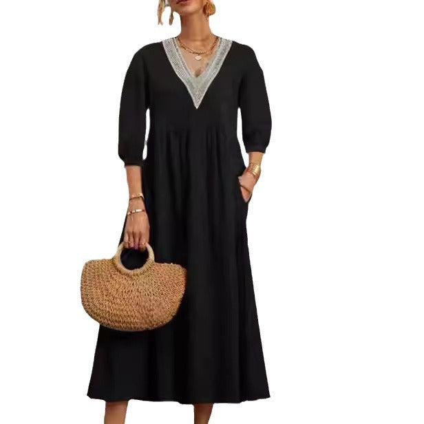 Solid-color Lantern-sleeve Loose Lace Dress