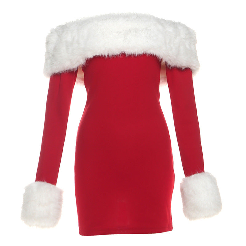 Christmas Slimming Look Color Block Patchwork Plush Off The Shoulder Bodycon Dress