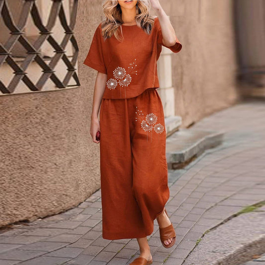 New Solid-color Short-sleeve Set With Heat-transfer Print, Two-piece Set