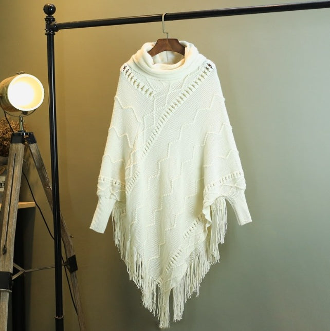 Efterår og vinter Ny strikket sjal med kvaster Højhalset Varm flagermusærmet pullover