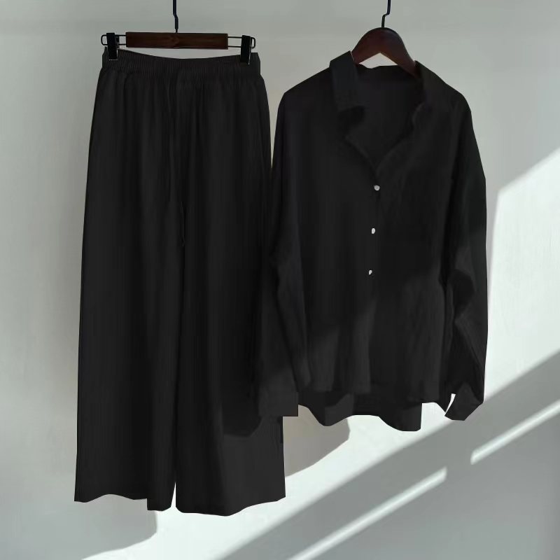 Women's 2-piece Retro Plus Size Shirt Outfit High Waist Loose Trousers