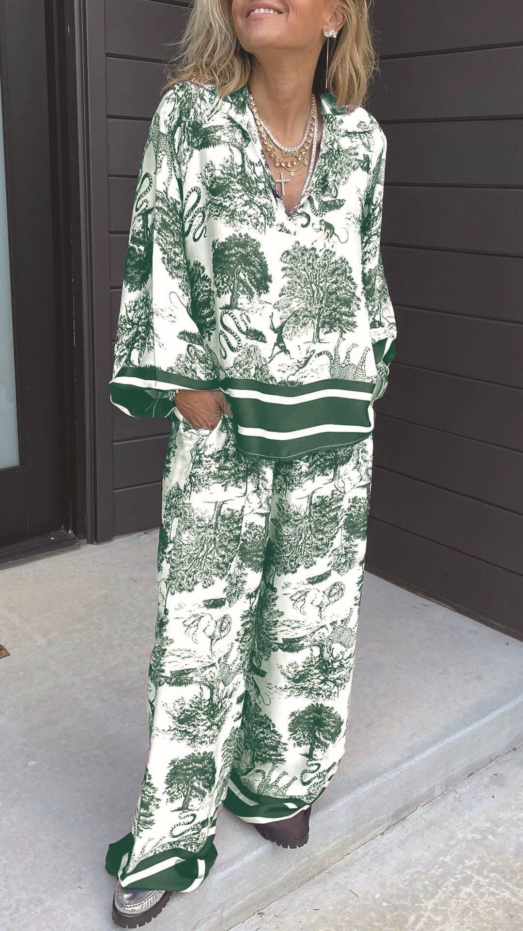 Expert V-neck Printed Long Sleeve Pocket Casual Women's Suit