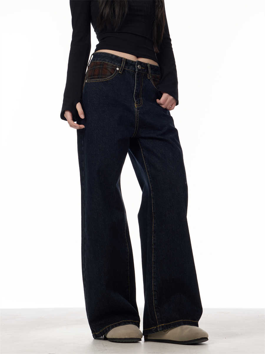 Retro Patchwork Plaid Blue Jeans For Women Loose Straight Trousers
