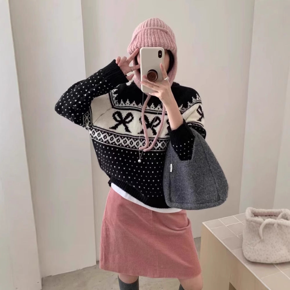 Women's Korean-style Vintage Jacquard Round Neck Sweater With Bow