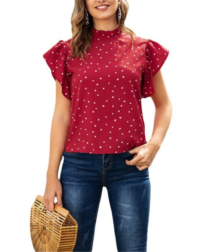 Summer Women's Stand Collar Love Stitching Top Short Sleeve