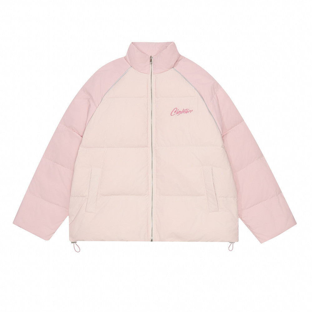 Color-block Raglan Sleeves Stand Collar Cotton-padded Coat
