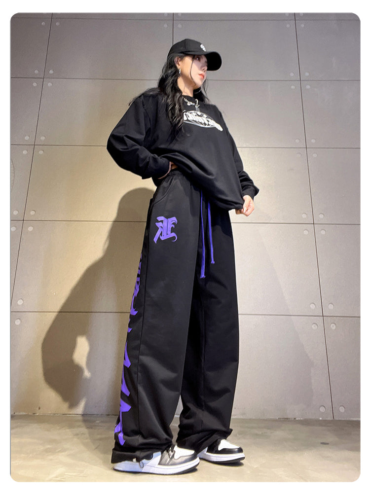 Women's Black Purple Drawstring Printed Jazz Sweatpants