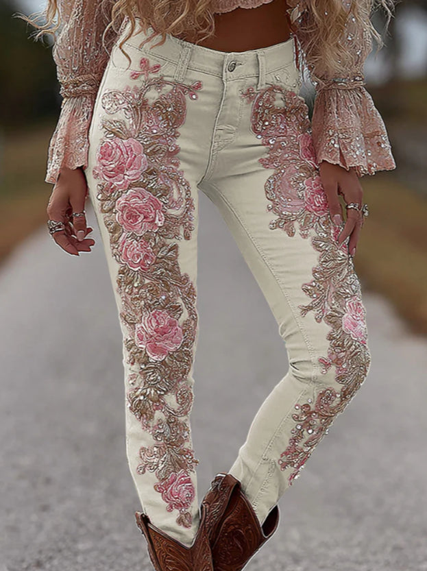 Womens Colorful Floral Faux Denim Pants