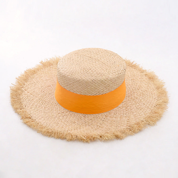 Women's Raffia Frayed Flat Big Brim Hat