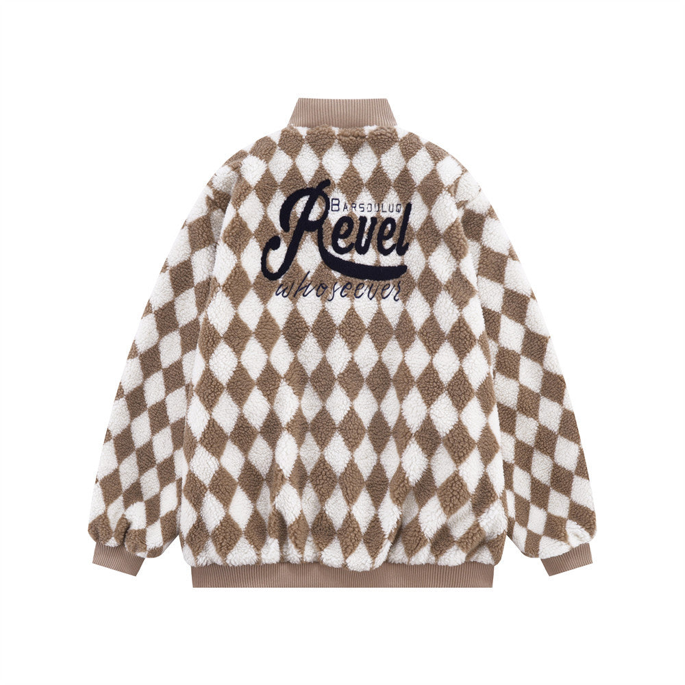 Rhombus Plaid Lambswool Warm And Loose Cotton-padded Coat