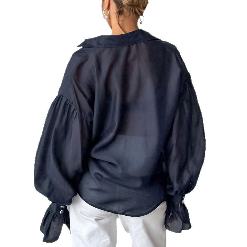 Sheer Long-sleeve Shirt Womens Fashion Elegant Casual