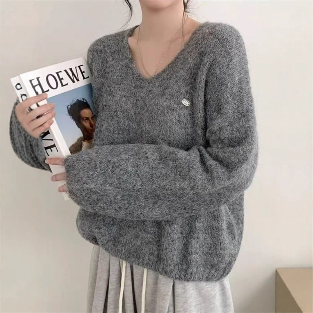 Loose V-neck Fluffy Versatile Casual Minimalist Knit Top