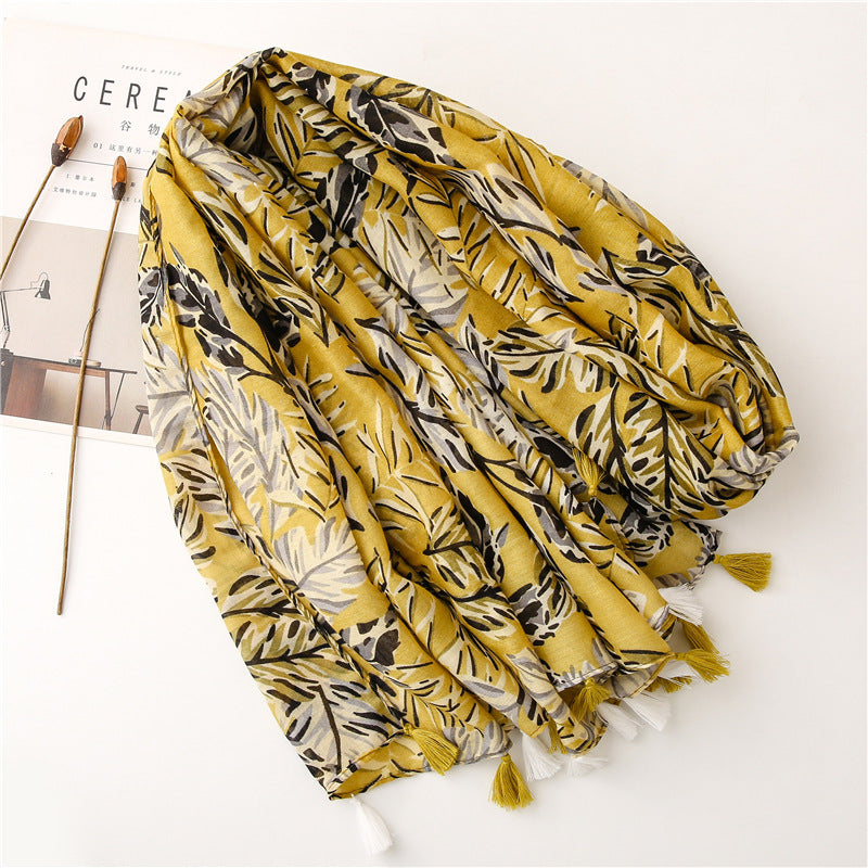 Creative Ginger Japanese Banana Leaf Printed Silk Scarf  Plant
