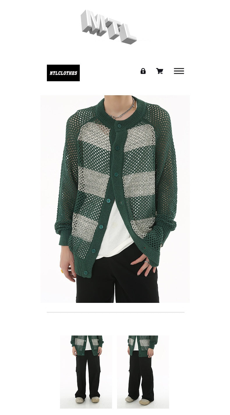 Autumn New Korean Style Contrast Color Striped Hollow Knitted Sweater Coat Ins