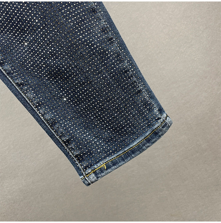 Loose Jeans Women's Cotton Elastic High Waist Slimming Hot Rhinestones