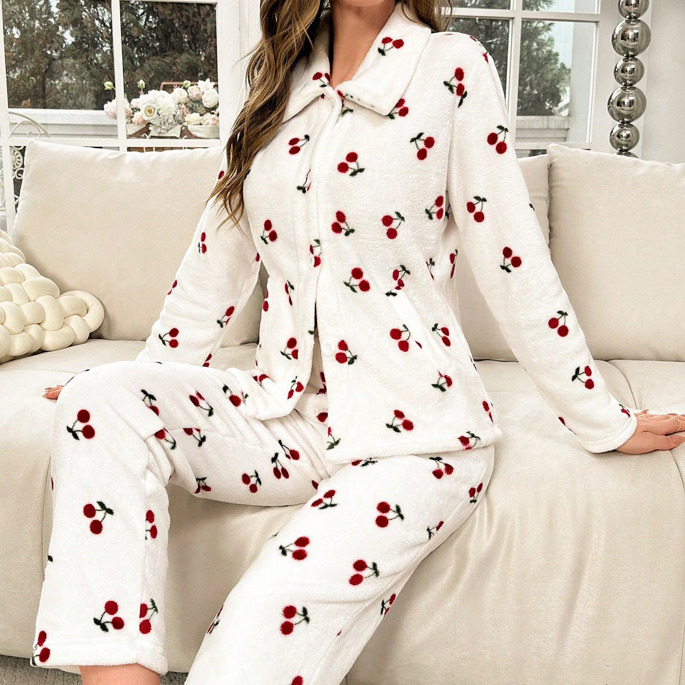 Casual Home Cherry Pattern Long Sleeve Pants Two-piece Set