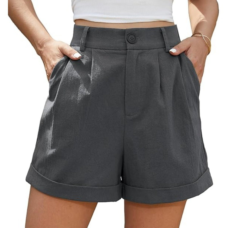 Women's Pleated Zipper Hemming Casual High Waist Shorts