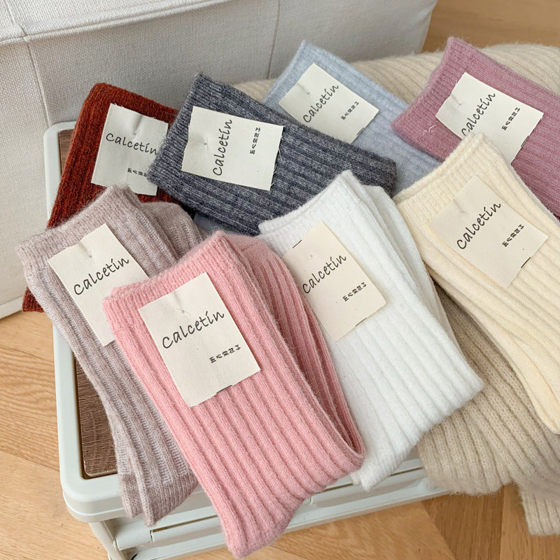 Wool Thickened Women's Medium Tube Solid Color Socks