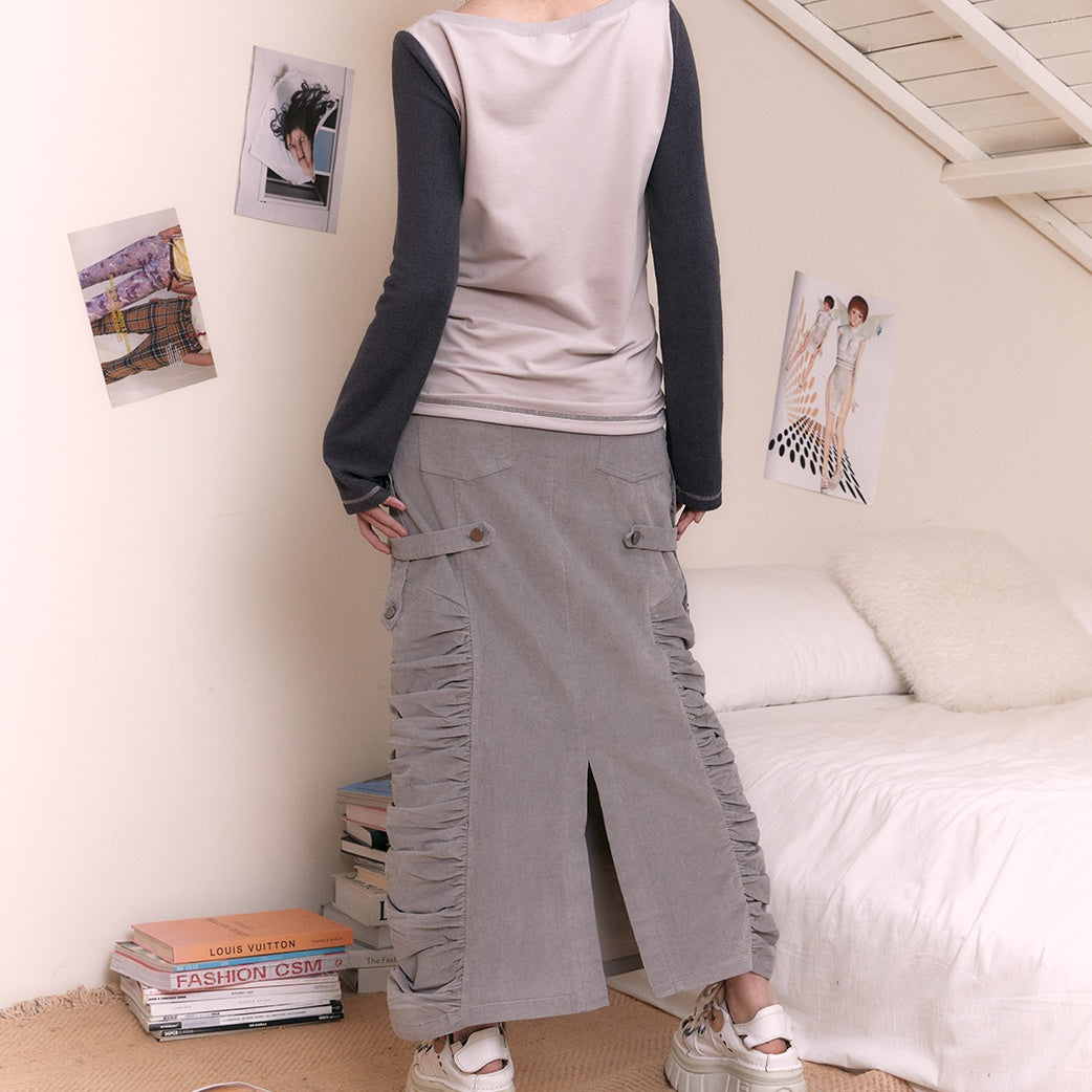 Grey Corduroy Pleated Legless Dress