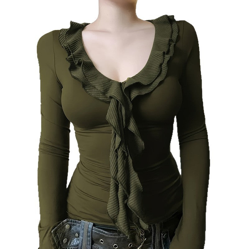 Women's Vintage Ruffled Tight Long-sleeved Sweater