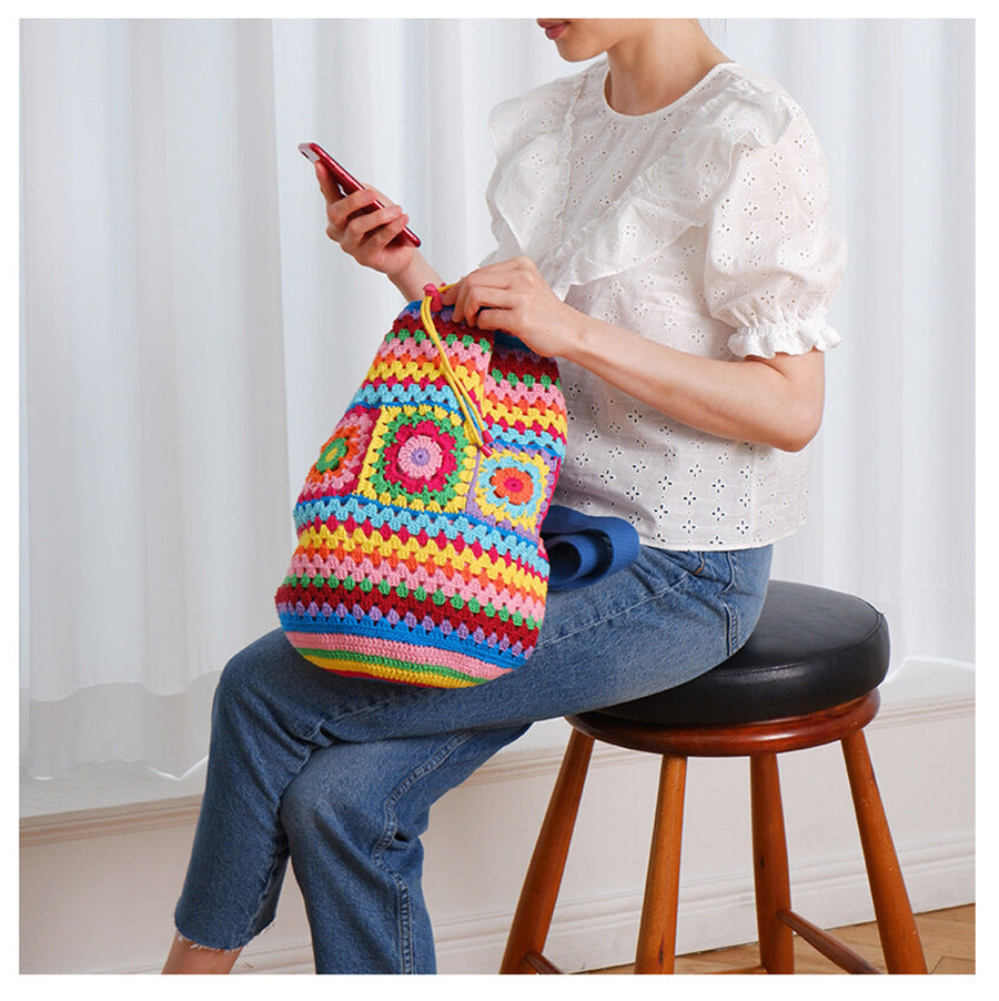 Drawcord Contrast Grandmother Plaid Woven Bag