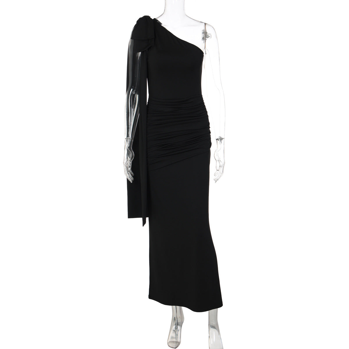 Single-shoulder Pleated Slim-fit Solid-color Dress