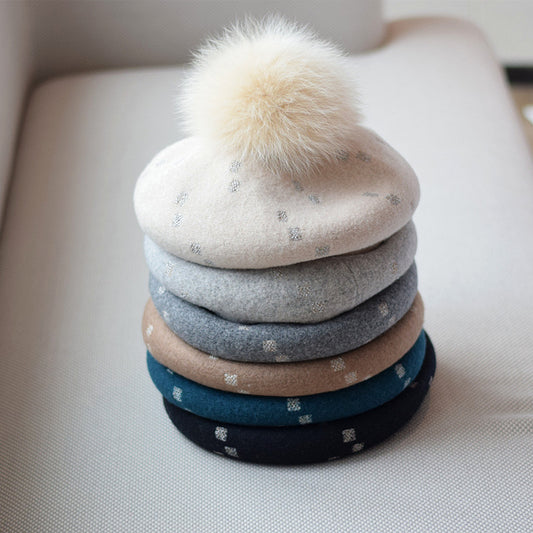 Elegant Woolen Gilding Beret Women's Korean Style Fox Fur Ball Vintage Painter Hat
