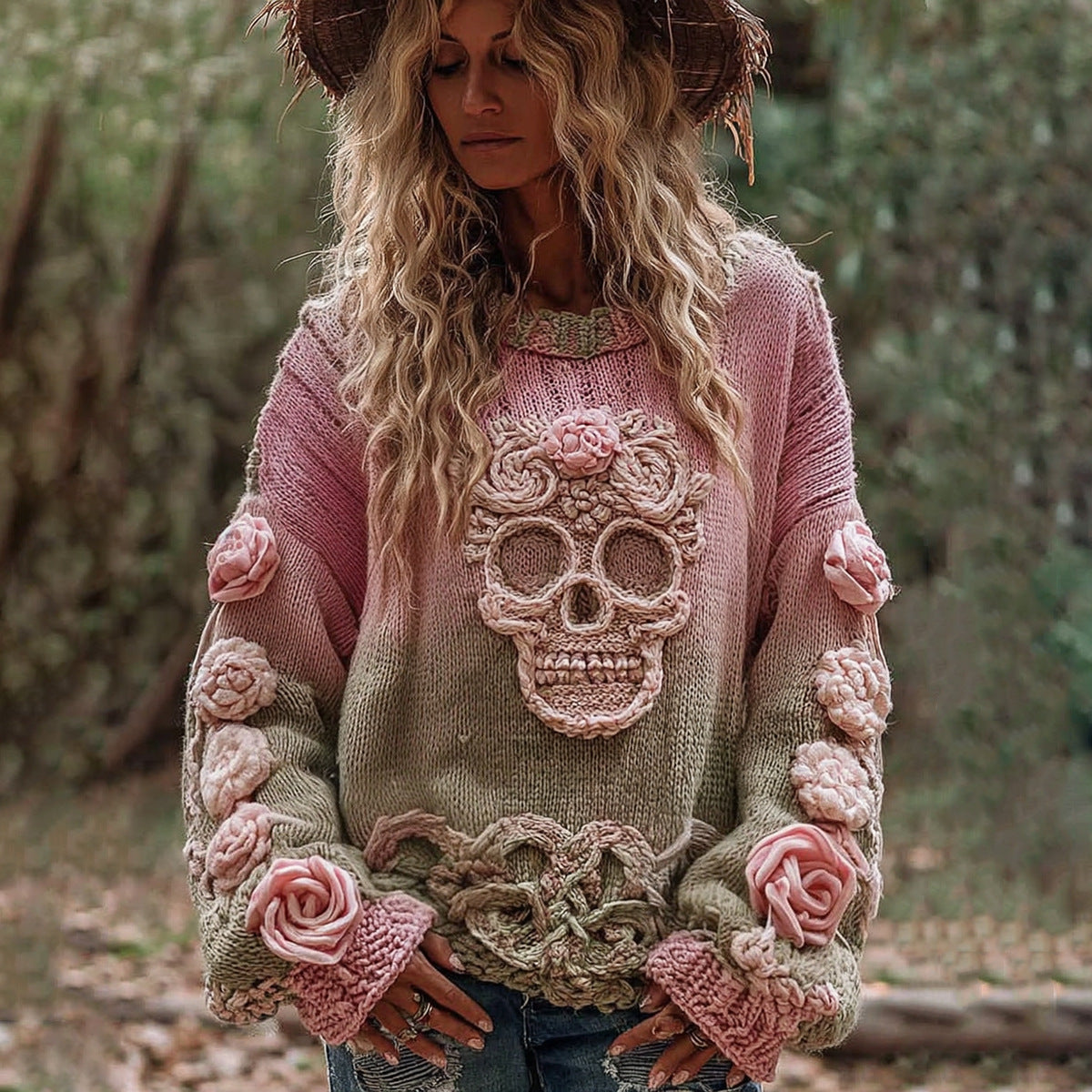 Women's Crew-Neck Sweater Vintage Printed Knit Top