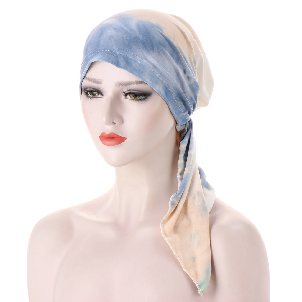 Curved Floral Fabric Two-tail Tie-dye Headscarf