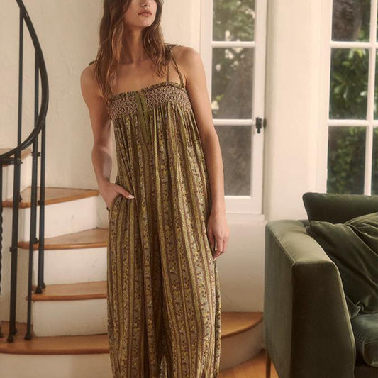 Womens Printed Loose-Fit Figure-Flattering Jumpsuit Pants