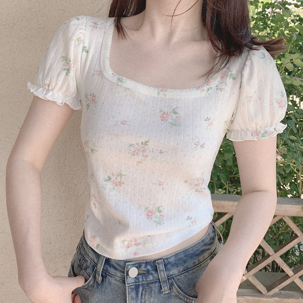 Retro French Girl Cream Rose Short Sleeves