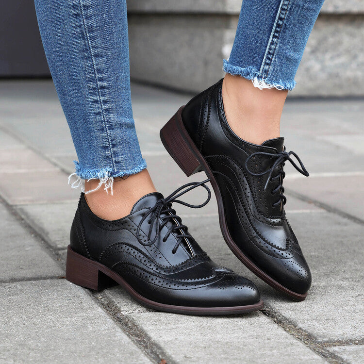 Color Matching Pumps Round Head Shallow Mouth Front Lace-up Women's Chunky Heels