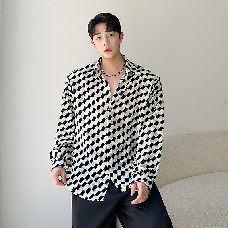 Black And White Collision Checkerboard Long-sleeved Shirt Men