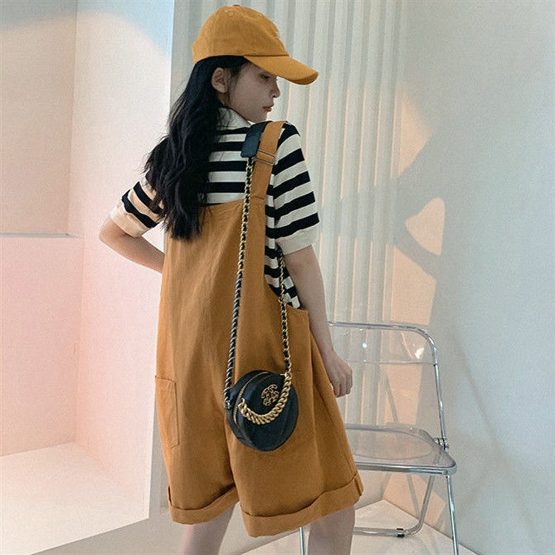 Suspender Shorts Women's Flanging Solid Color Cropped Pants