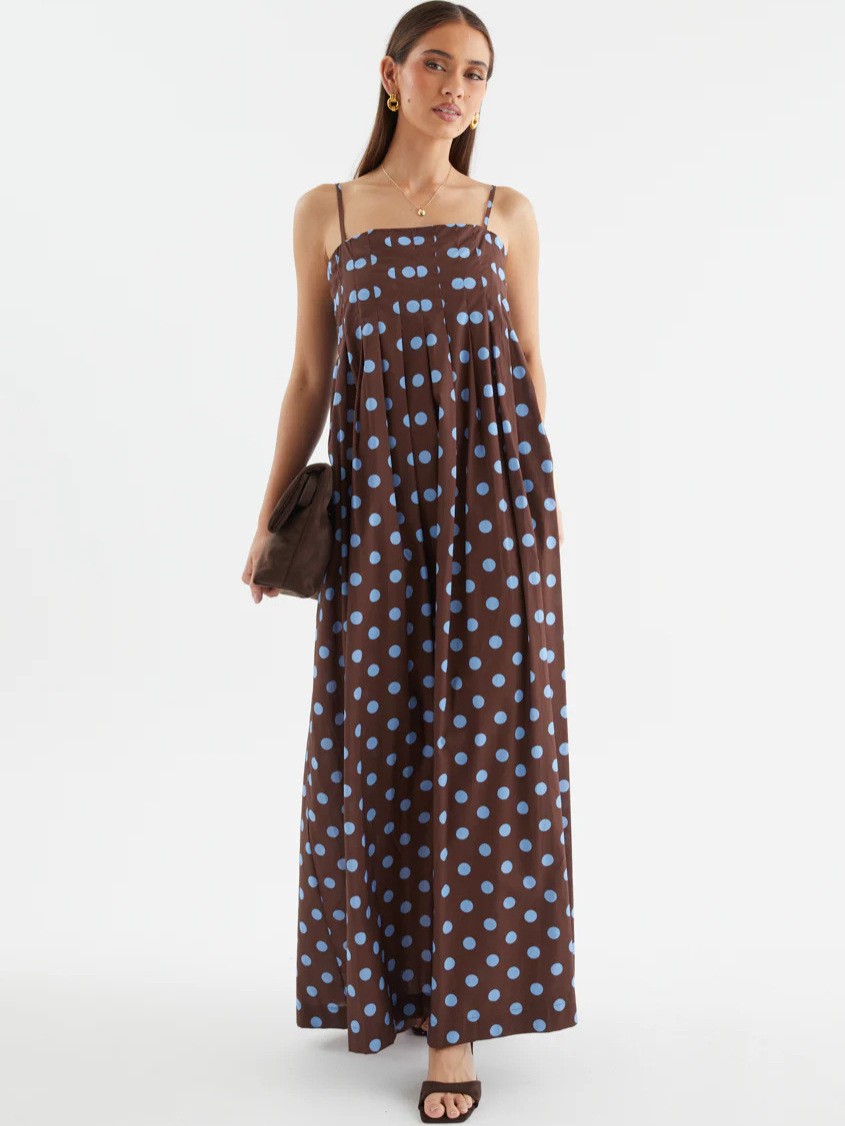 Summer Polka Dot Printed Pleated Sweet Strap Mid Length Dress