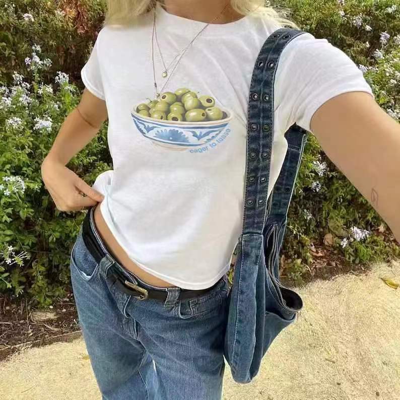 European And American Flower Print Round Neck Short Sleeve Midriff-baring Top T-shirt