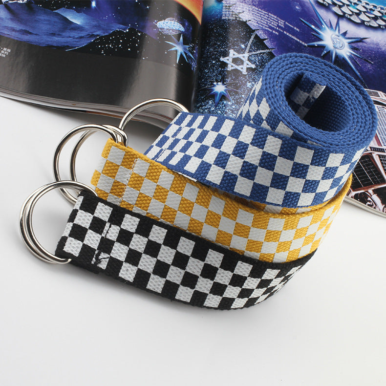 New Nylon Canvas Student Belt Fashion All-match Pant Double Ring Buckle Plaid Printed Jeans Belt