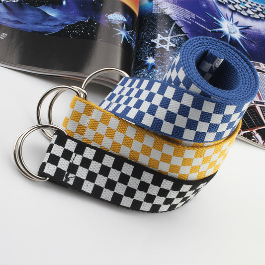 New Nylon Canvas Student Belt Fashion All-match Pant Double Ring Buckle Plaid Printed Jeans Belt