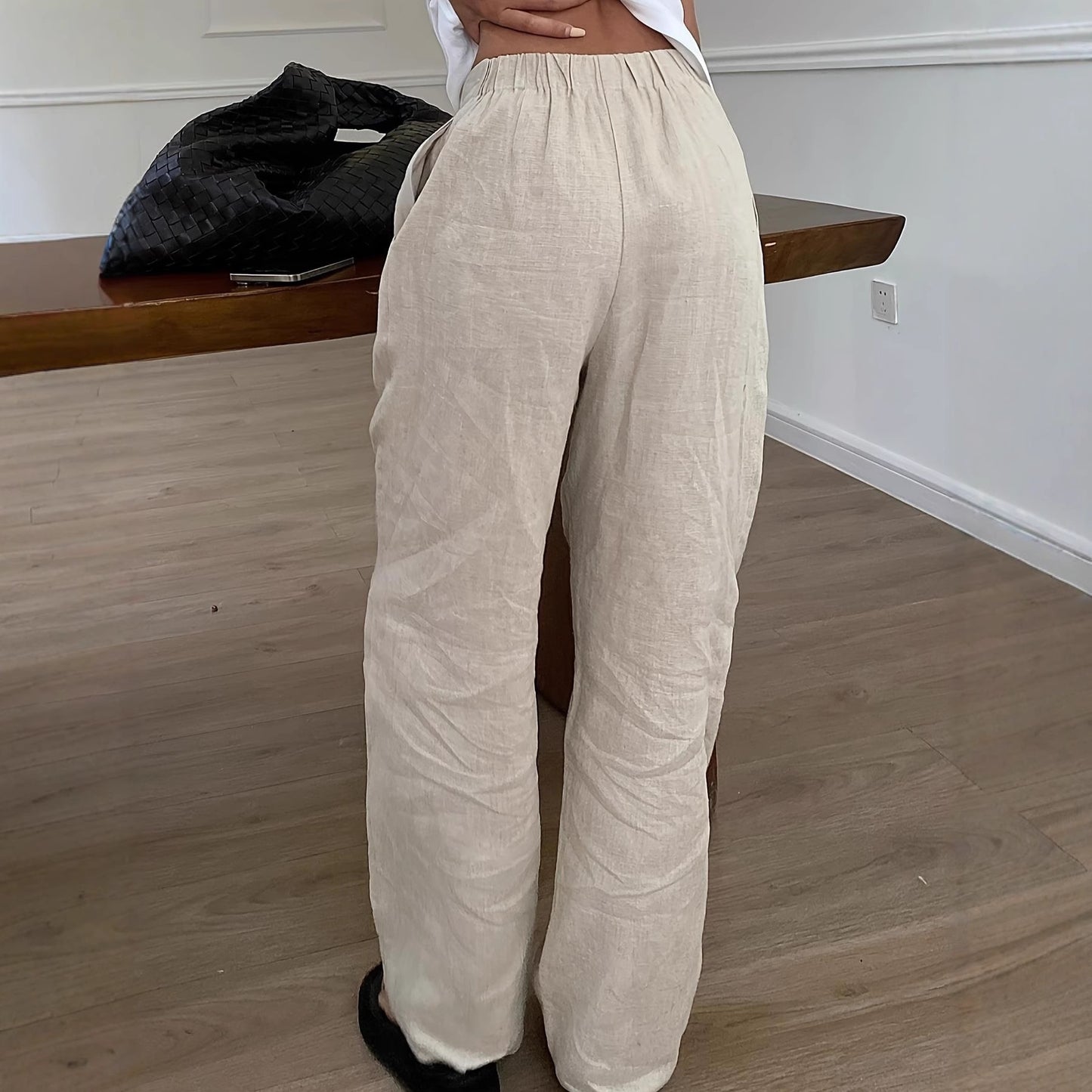 Womens Linen Wide-leg Pants With An Elastic Waist