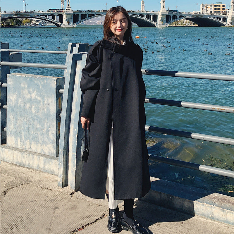 Black Windbreaker Women's Mid-length Loose Retro Temperament Popular Over-the-knee Coat