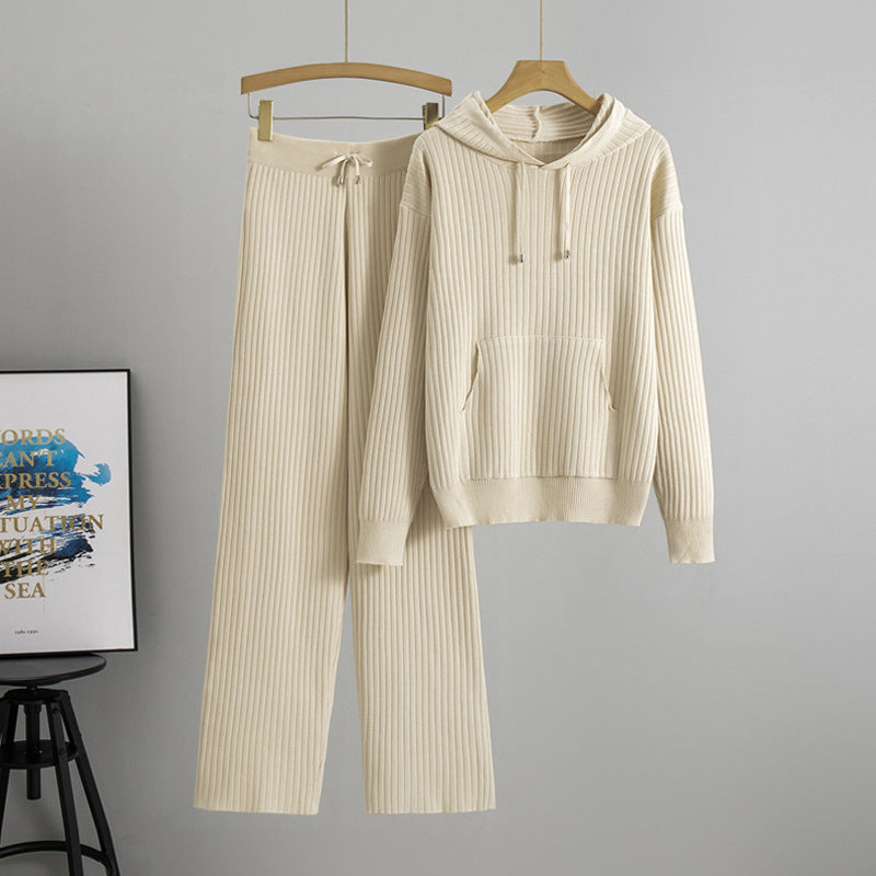 Hooded Knitted Sweater Set With Ribbed Detailing Casual Outfit