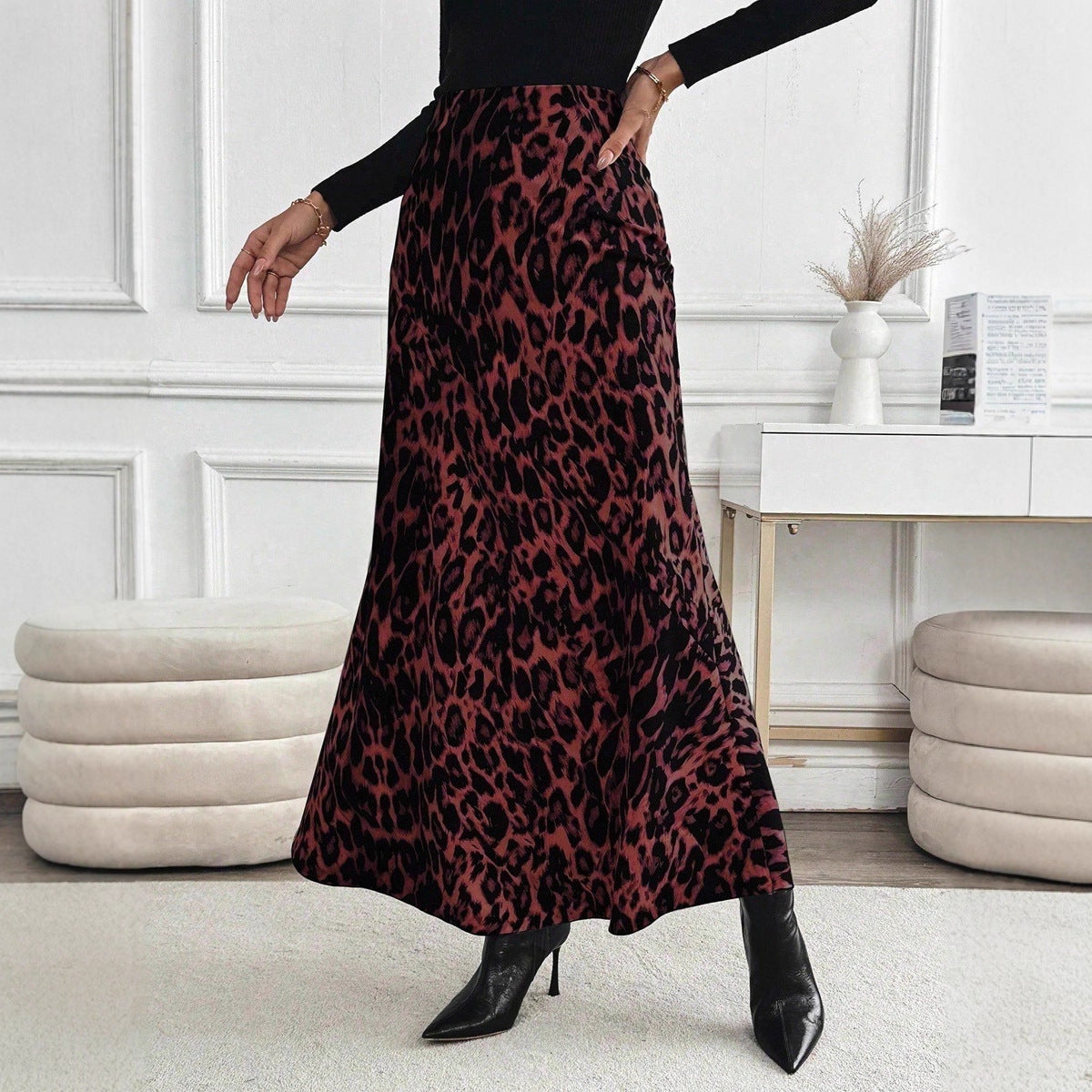 Slimming Leopard Print Skirt High-waisted Loose Long Dress With Print